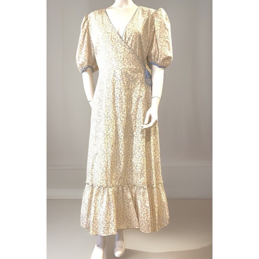 Dondolo Floral Wrap Maxi Dress Puff Sleeve Embroidered Collar Cottagecore Size M - Picture 2 of 15